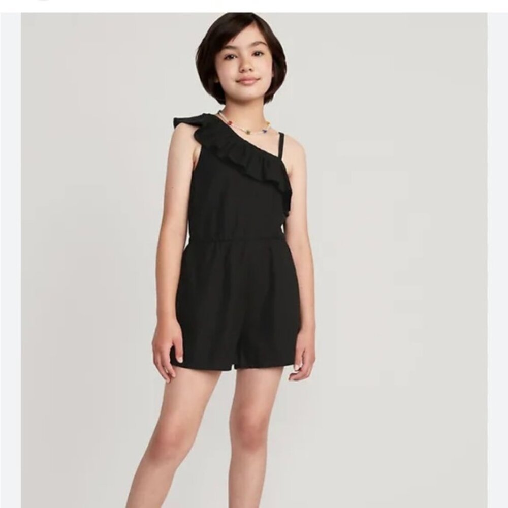 Old Navy Linen-Blend Ruffled One-Shoulder Romper Shorts Black